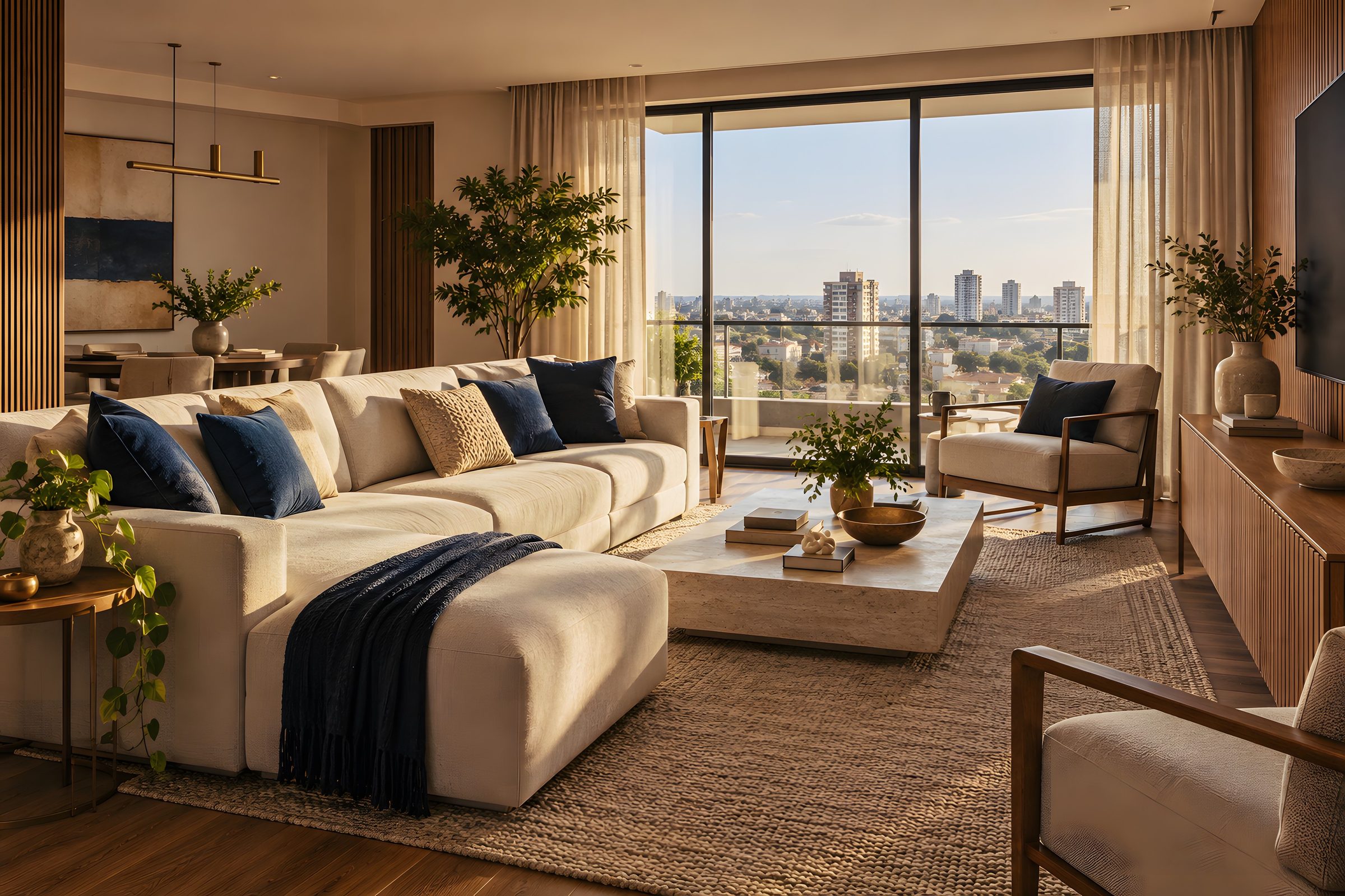 Sala de estar com vista da cidade (imagem ilustrativa)